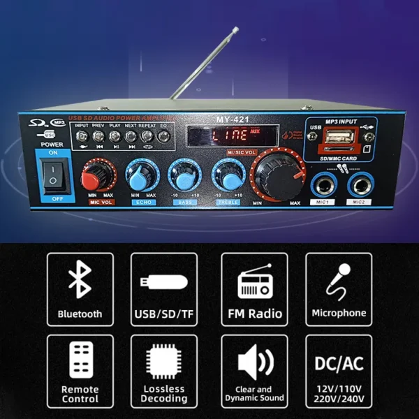 Mini Integrated Bluetooth Amplifier Stereo USB TF Power 12V Digital Receiver Rack Mount Karaoke Home Stereo Bluetooth Amplifier - Image 3